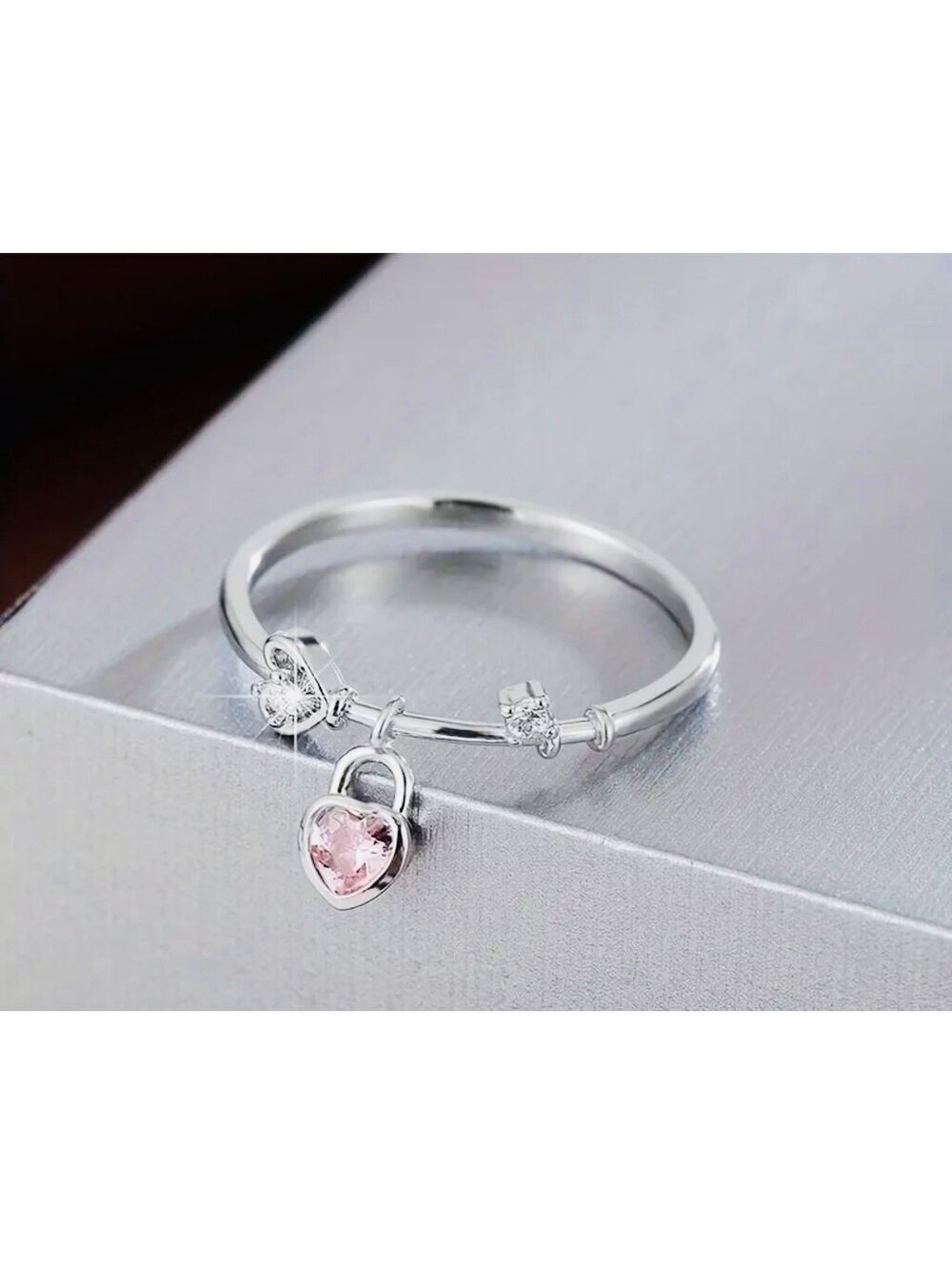 New - Unique - Silver Powder -Love Lock Pendant Design -Zirconia Ring - Size 7